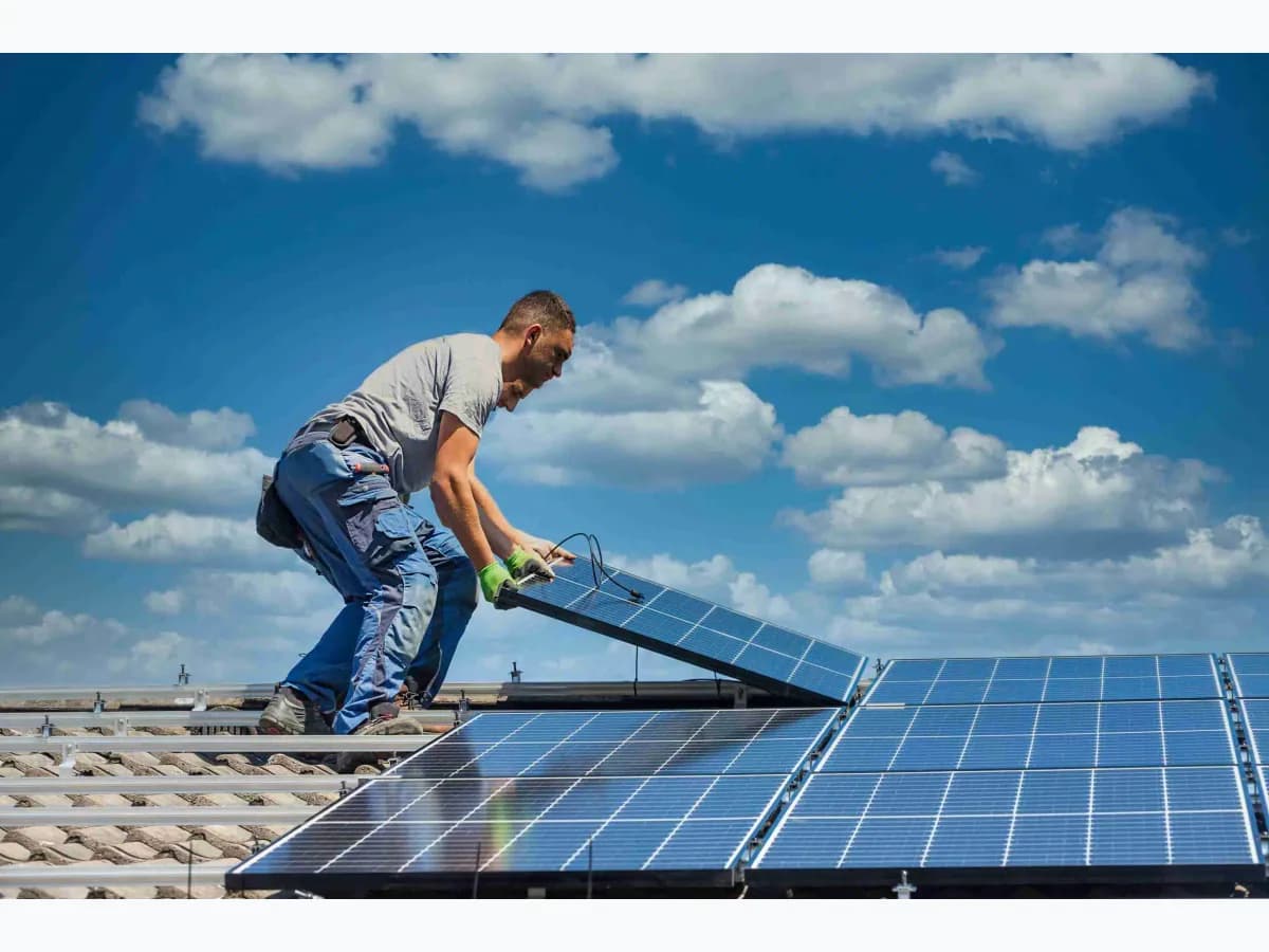 Installateur posant des modules solaires sur une toiture, sous un ciel bleu