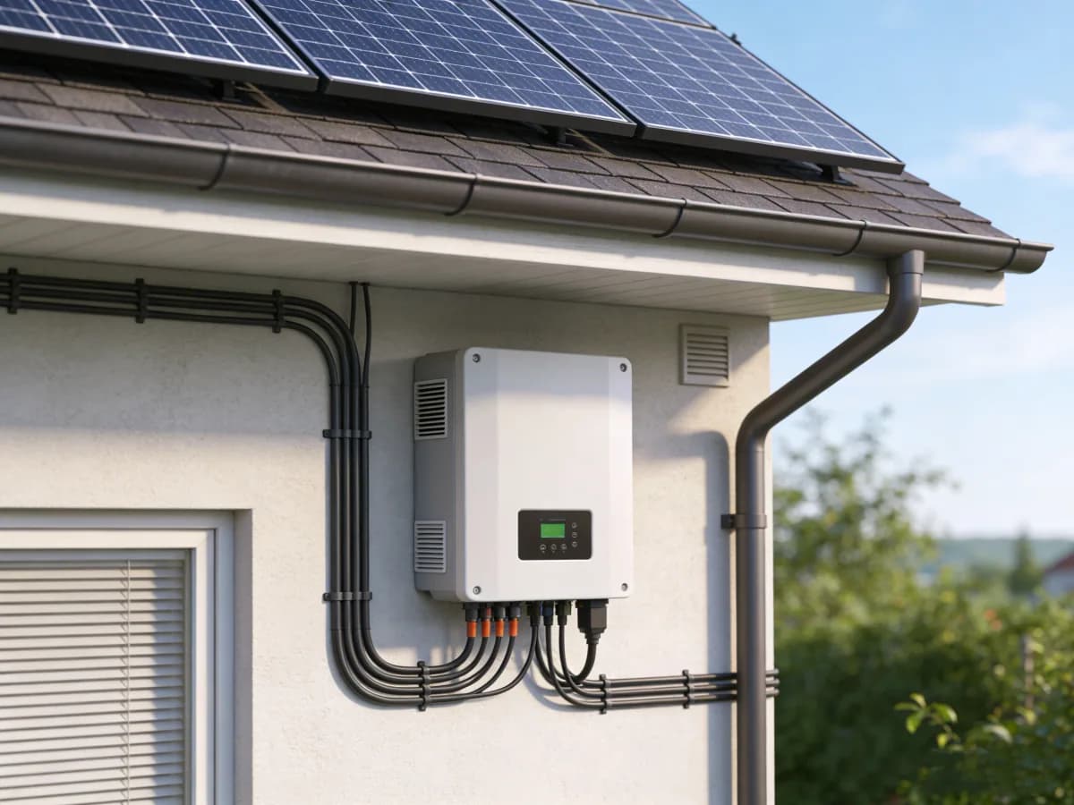 Onduleur mural installé sur la façade d’une maison dont la toiture porte un champ de modules solaires