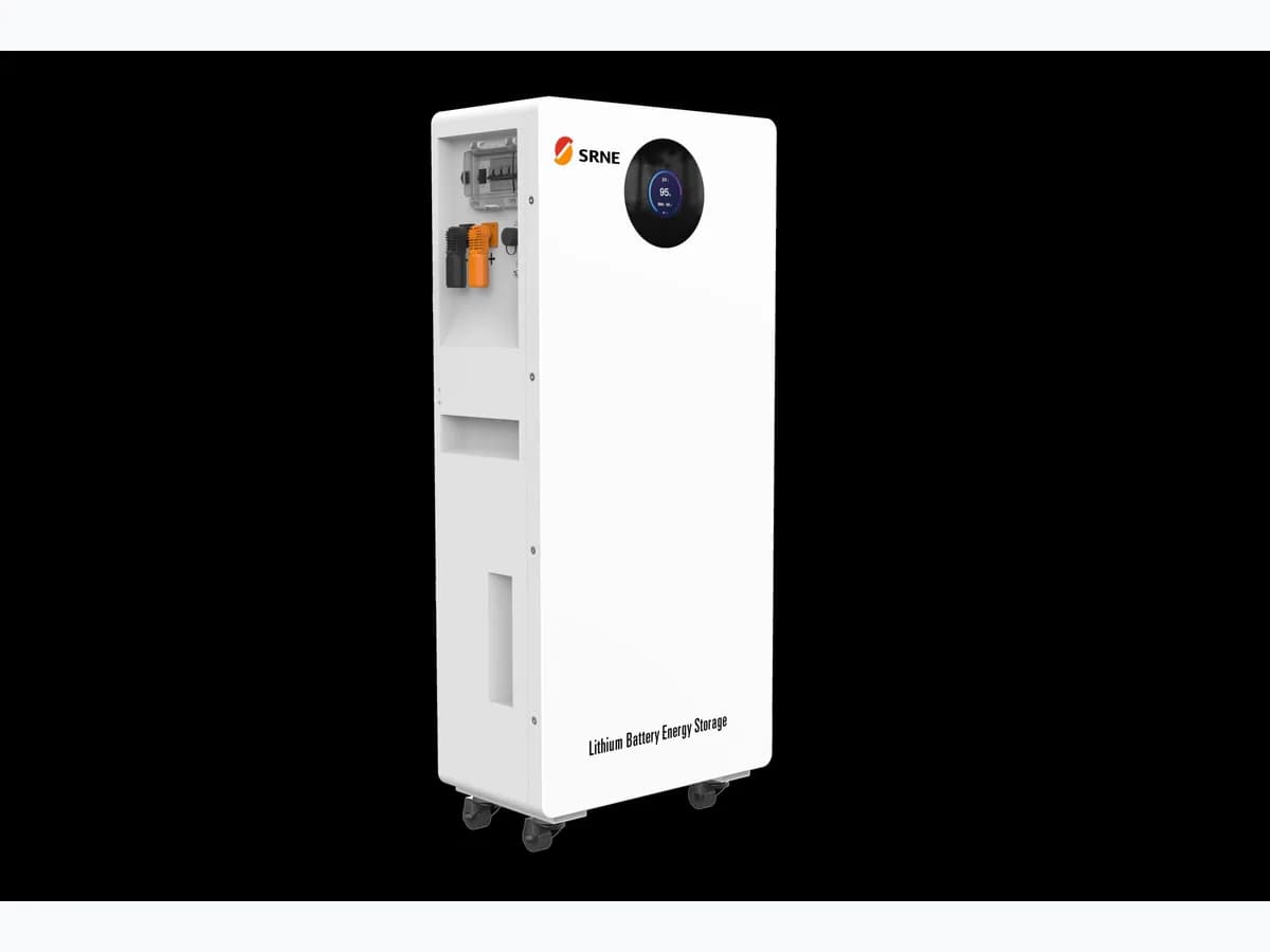 Batterie lithium SRNE 48 V en armoire sur roulettes, vue de trois quarts