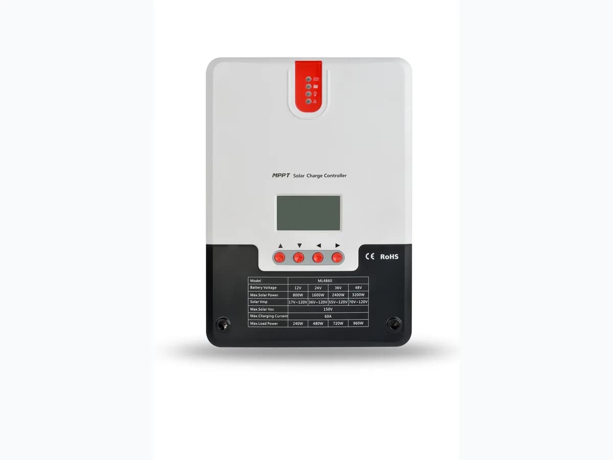 Contrôleur de charge MPPT SRNE ML4860 vu de face, afficheur LCD et quatre touches