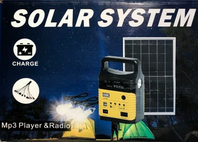 Ensemble solaire portatif en boîte : panneau 10 W, bloc batterie à poignée et lampes DEL