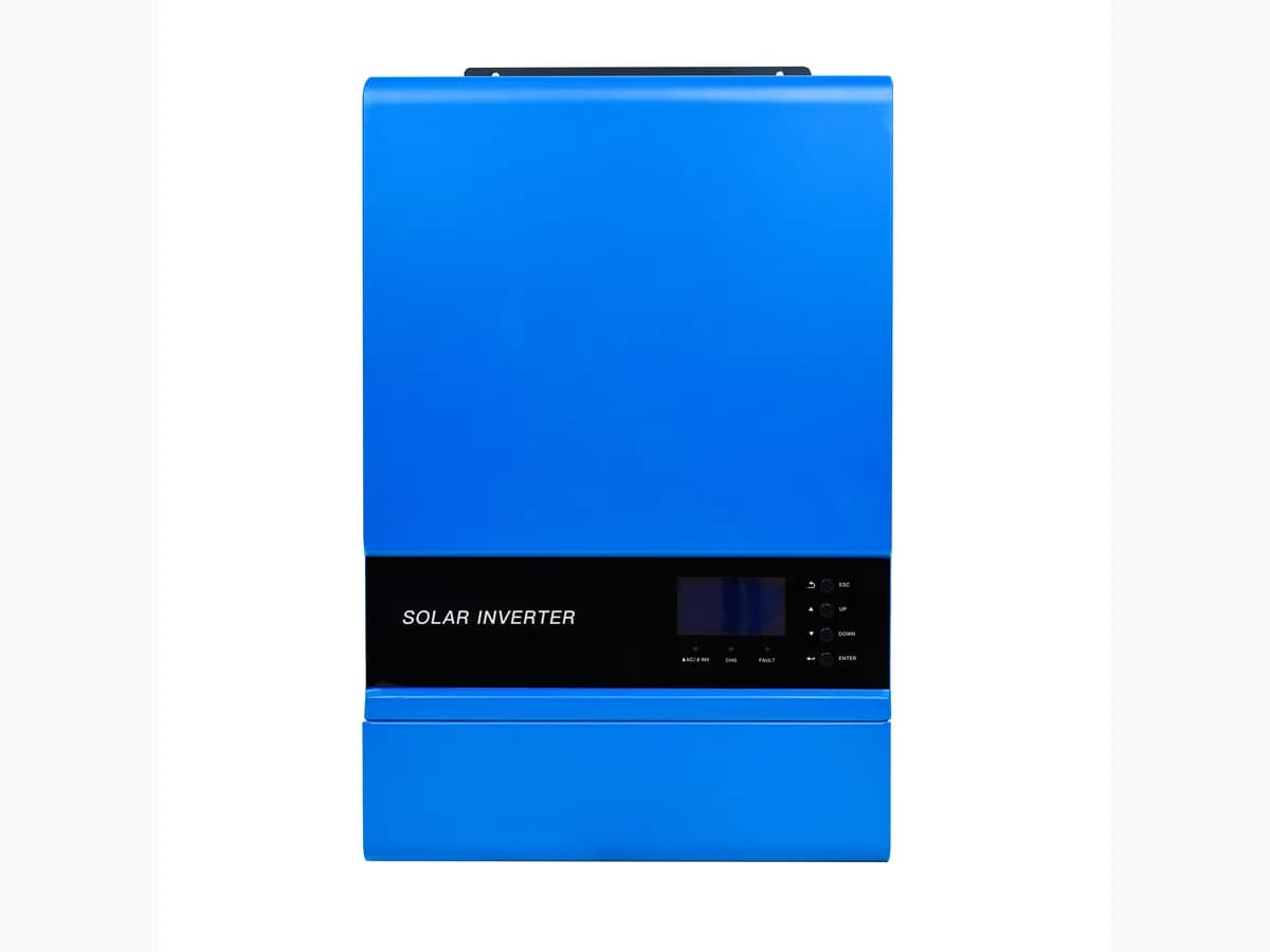 Onduleur solaire bleu de 3 kW posé debout, afficheur en façade